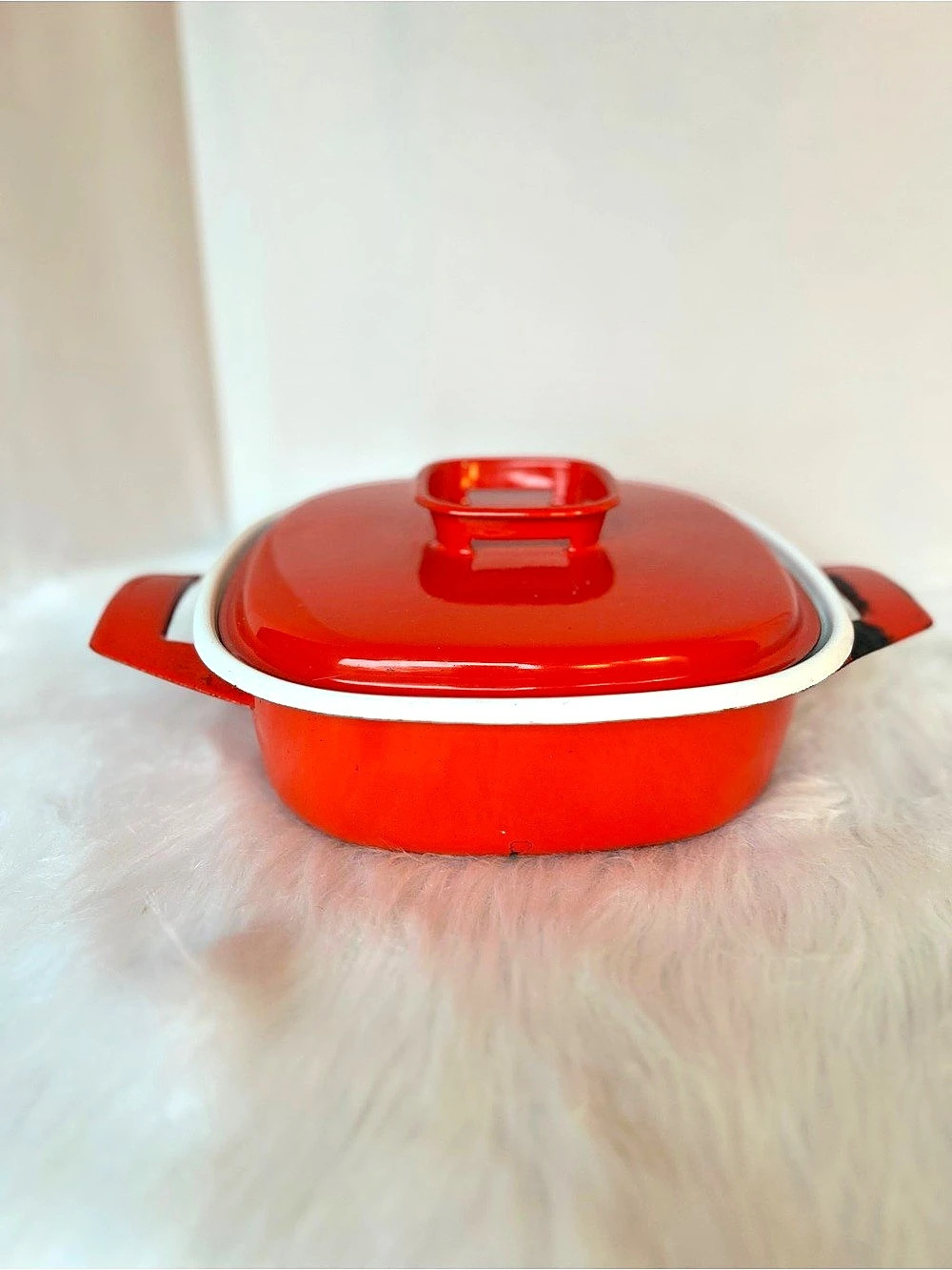 Enameled Cast Iron Covered Casserole Red & White